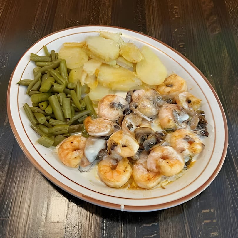 Shrimp with mushrooms, green beans, and sliced potatoes on a white plate with a brown rim.