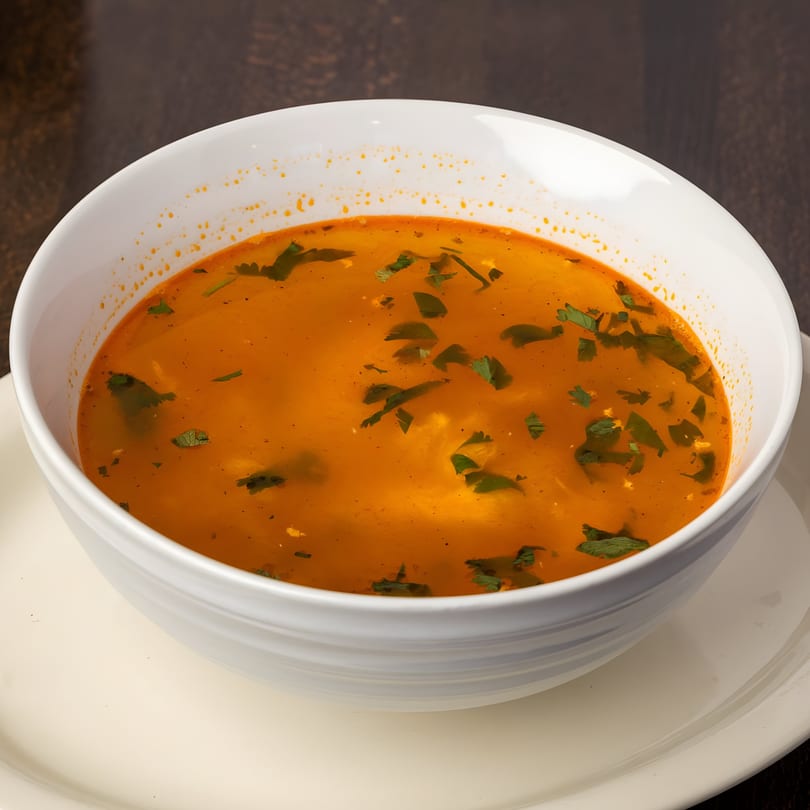 A white bowl filled with a vibrant orange Mexican soup, garnished with fresh green herbs.